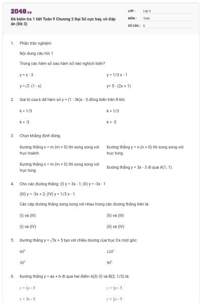 Đề kiểm tra 1 tiết Toán 9 Chương 2 Đại Số cực hay, có đáp án (Đề 3)