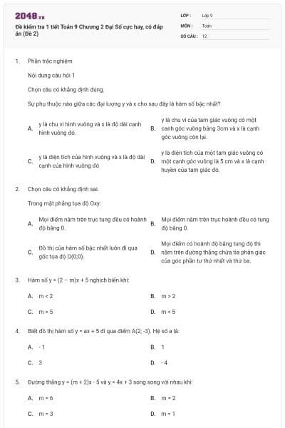 Đề kiểm tra 1 tiết Toán 9 Chương 2 Đại Số cực hay, có đáp án (Đề 2)