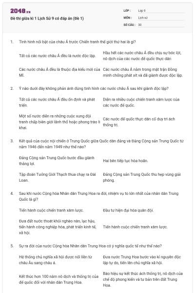 Đề thi giữa kì 1 Lịch Sử 9 có đáp án (Đề 1)