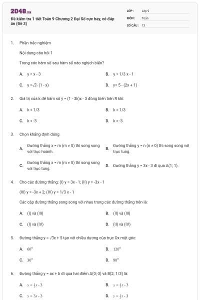 Đề kiểm tra 1 tiết Toán 9 Chương 2 Đại Số cực hay, có đáp án (Đề 3)