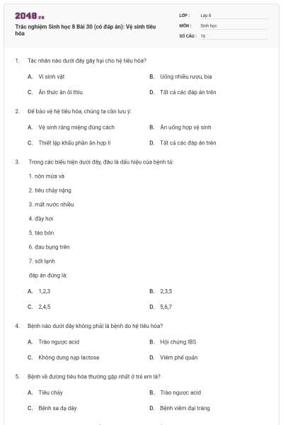 Trắc nghiệm Sinh học 8 Bài 30 (có đáp án): Vệ sinh tiêu hóa