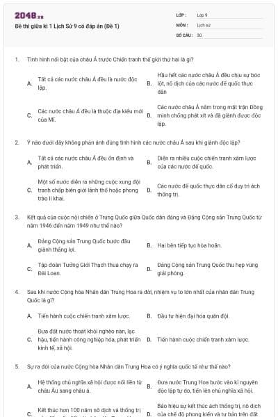 Đề thi giữa kì 1 Lịch Sử 9 có đáp án (Đề 1)