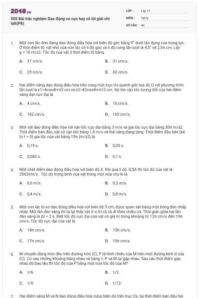 505 Bài trắc nghiệm Dao động cơ cực hay có lời giải chi tiết(P8)