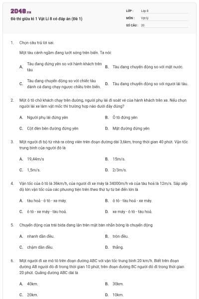 Đề thi giữa kì 1 Vật Lí 8 có đáp án (Đề 1)