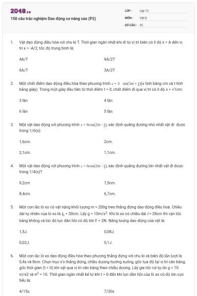 150 câu trắc nghiệm Dao động cơ nâng cao (P2)