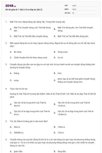 Đề thi giữa kì 1 Vật Lí 8 có đáp án (Đề 2)