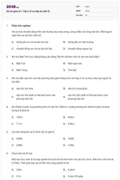 Đề thi giữa kì 1 Vật Lí 8 có đáp án (Đề 3)