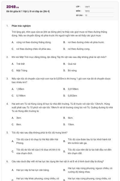 Đề thi giữa kì 1 Vật Lí 8 có đáp án (Đề 4)