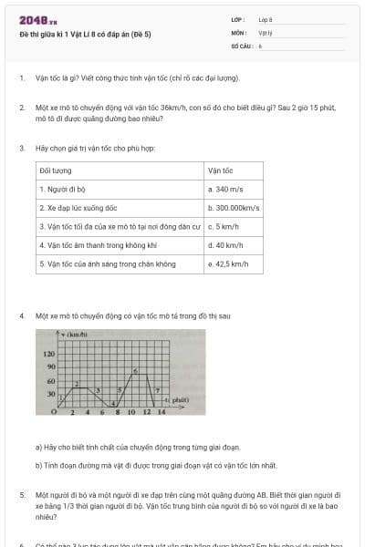 Đề thi giữa kì 1 Vật Lí 8 có đáp án (Đề 5)