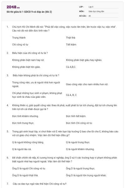 Đề thi giữa kì 1 GDCD 9 có đáp án (Đề 2)