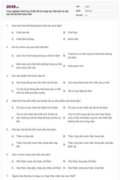 Trắc nghiệm Sinh học 8 Bài 38 (có đáp án): Bài tiết và cấu tạo hệ bài tiết nước tiểu