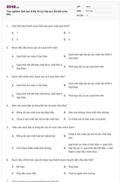 Trắc nghiệm Sinh học 8 Bài 39 (có đáp án): Bài tiết nước tiểu