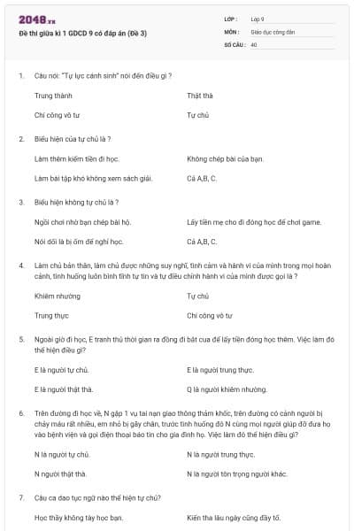 Đề thi giữa kì 1 GDCD 9 có đáp án (Đề 3)