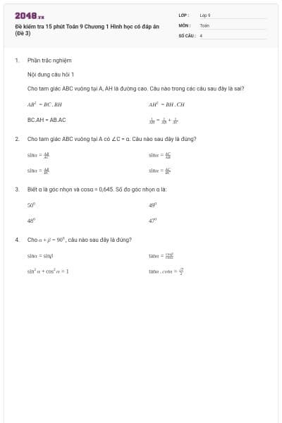Đề kiểm tra 15 phút Toán 9 Chương 1 Hình học có đáp án (Đề 3)