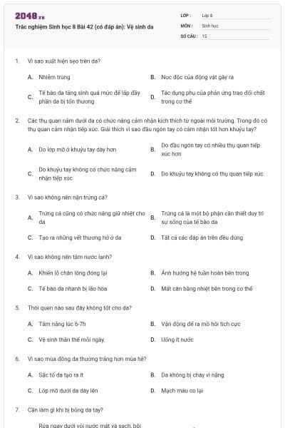 Trắc nghiệm Sinh học 8 Bài 42 (có đáp án): Vệ sinh da