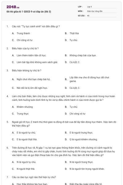 Đề thi giữa kì 1 GDCD 9 có đáp án (Đề 3)