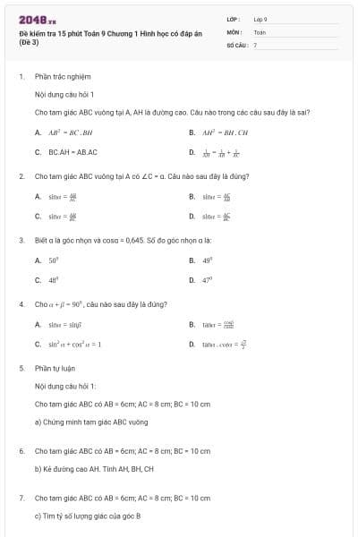 Đề kiểm tra 15 phút Toán 9 Chương 1 Hình học có đáp án (Đề 3)