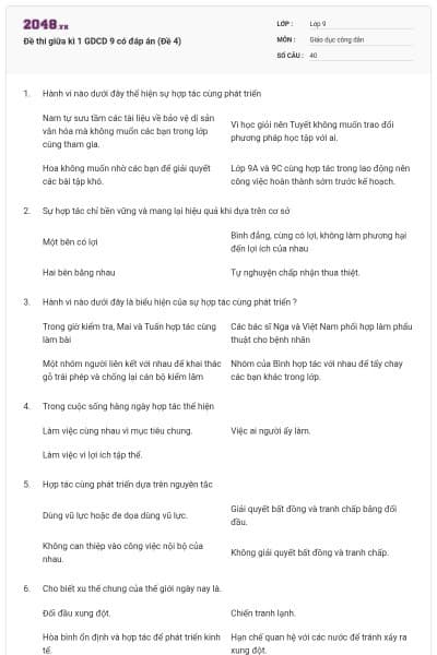 Đề thi giữa kì 1 GDCD 9 có đáp án (Đề 4)