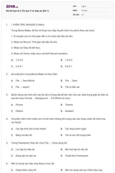 Đề thi Học kì 2 Tin học 9 có đáp án (Đề 1)