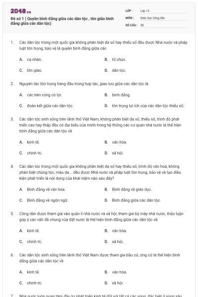 Đề số 1 ( Quyền bình đẳng giữa các dân tộc , tôn giáo bình đẳng giữa các dân tộc)