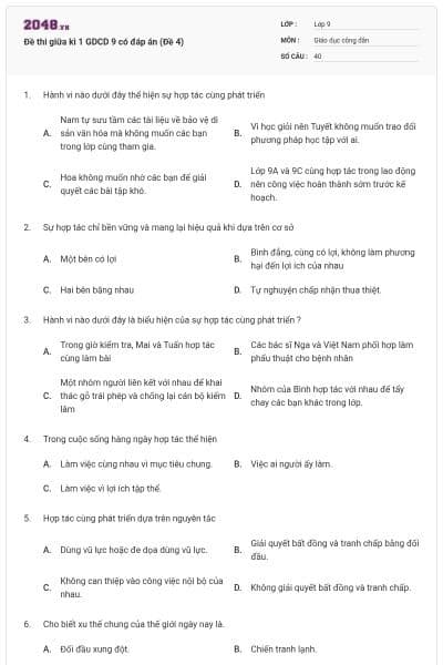 Đề thi giữa kì 1 GDCD 9 có đáp án (Đề 4)