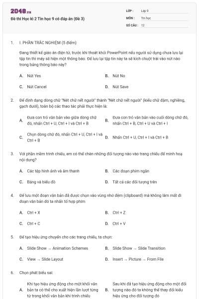 Đề thi Học kì 2 Tin học 9 có đáp án (Đề 3)
