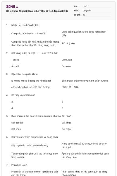 Đề kiểm tra 15 phút Công nghệ 7 Học kì 1 có đáp án (Đề 3)