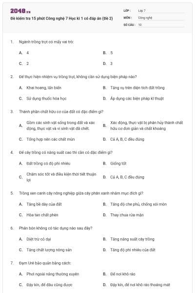 Đề kiểm tra 15 phút Công nghệ 7 Học kì 1 có đáp án (Đề 2)