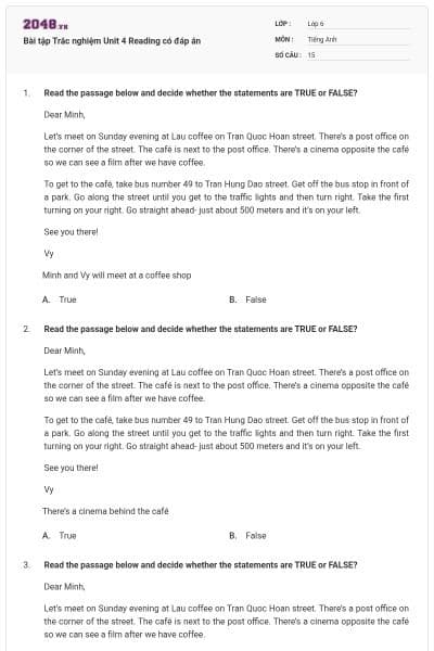 Bài tập Trắc nghiệm Unit 4 Reading có đáp án