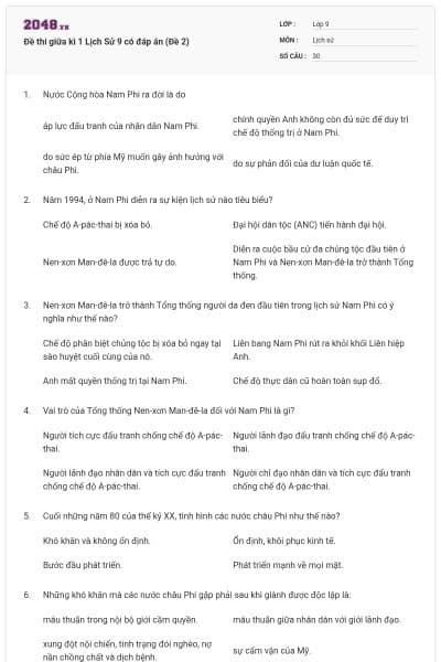 Đề thi giữa kì 1 Lịch Sử 9 có đáp án (Đề 2)