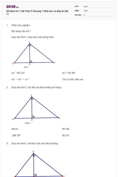 Đề kiểm tra 1 tiết Toán 9 Chương 1 Hình học có đáp án (Đề 1)