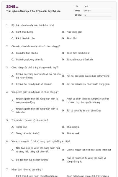 Trắc nghiệm Sinh học 8 Bài 47 (có đáp án): Đại não