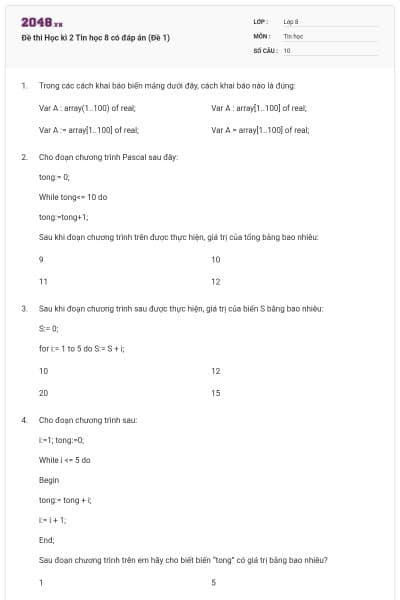 Đề thi Học kì 2 Tin học 8 có đáp án (Đề 1)