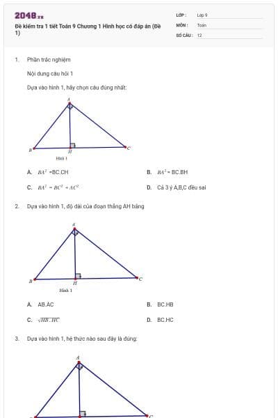 Đề kiểm tra 1 tiết Toán 9 Chương 1 Hình học có đáp án (Đề 1)