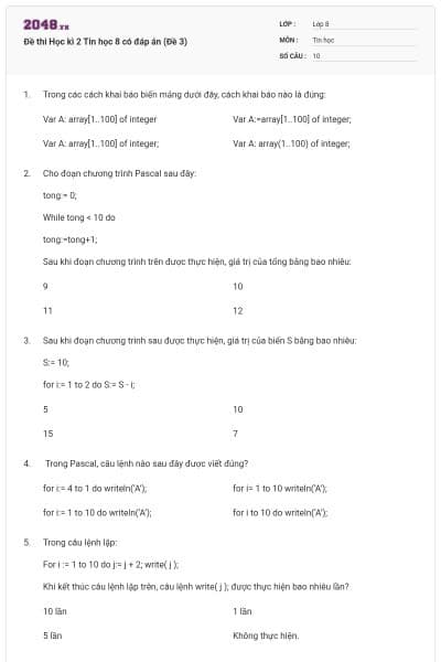 Đề thi Học kì 2 Tin học 8 có đáp án (Đề 3)