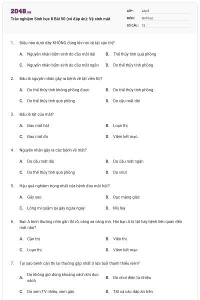 Trắc nghiệm Sinh học 8 Bài 50 (có đáp án): Vệ sinh mắt