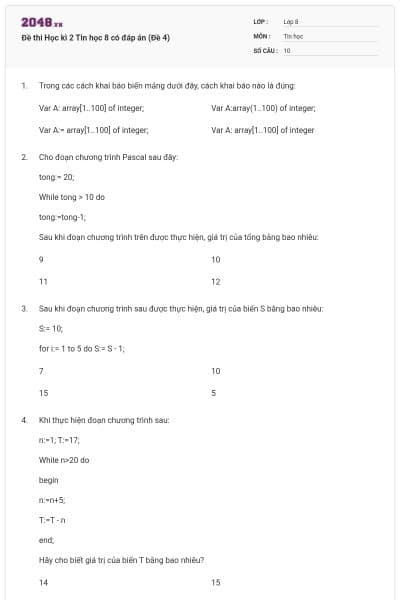 Đề thi Học kì 2 Tin học 8 có đáp án (Đề 4)