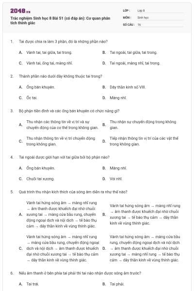 Trắc nghiệm Sinh học 8 Bài 51 (có đáp án): Cơ quan phân tích thính giác