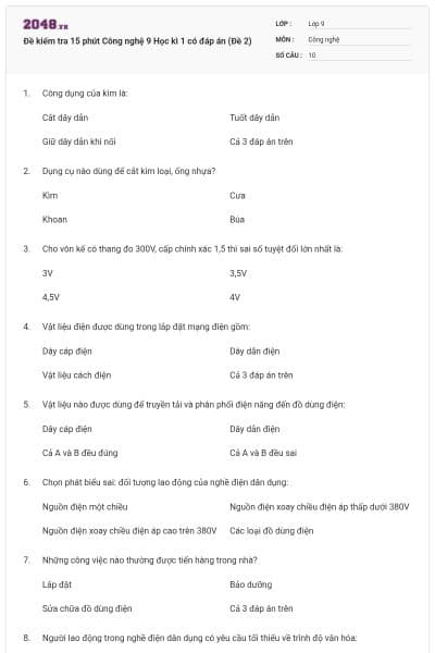 Đề kiểm tra 15 phút Công nghệ 9 Học kì 1 có đáp án (Đề 2)