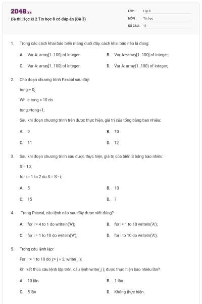 Đề thi Học kì 2 Tin học 8 có đáp án (Đề 3)