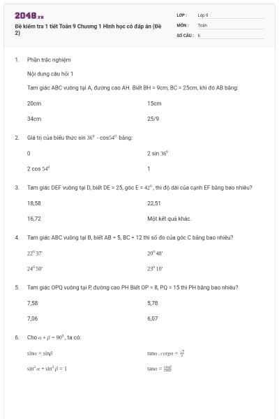 Đề kiểm tra 1 tiết Toán 9 Chương 1 Hình học có đáp án (Đề 2)