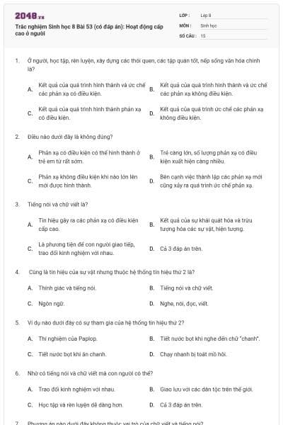 Trắc nghiệm Sinh học 8 Bài 53 (có đáp án): Hoạt động cấp cao ở người