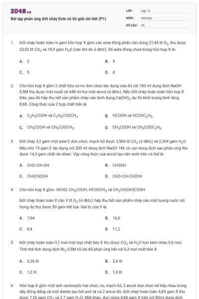 Bài tập phản ứng đốt cháy Este có lời giải chi tiết (P1)