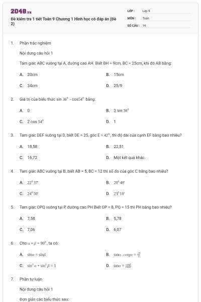 Đề kiểm tra 1 tiết Toán 9 Chương 1 Hình học có đáp án (Đề 2)