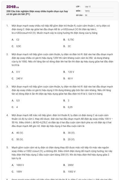 200 Câu trắc nghiệm Điện xoay chiều tuyển chọn cực hay có lời giải chi tiết (P1)