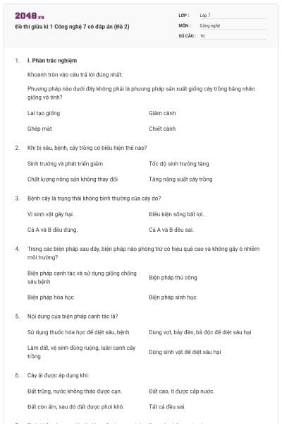 Đề thi giữa kì 1 Công nghệ 7 có đáp án (Đề 2)