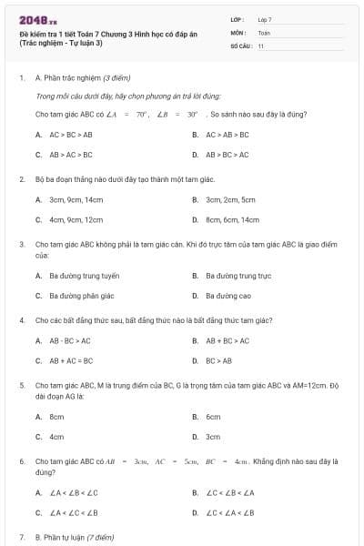 Đề kiểm tra 1 tiết Toán 7 Chương 3 Hình học có đáp án (Trắc nghiệm - Tự luận 3)