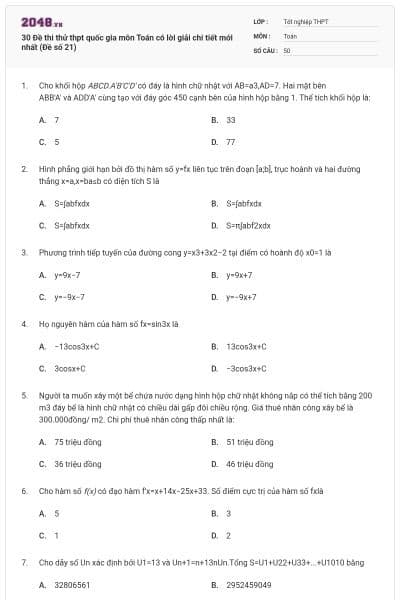 30 Đề thi thử thpt quốc gia môn Toán có lời giải chi tiết mới nhất (Đề số 21)