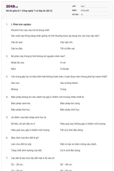 Đề thi giữa kì 1 Công nghệ 7 có đáp án (Đề 3)