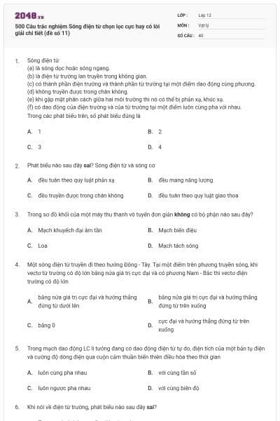 500 Câu trắc nghiệm Sóng điện từ chọn lọc cực hay có lời giải chi tiết (đề số 11)